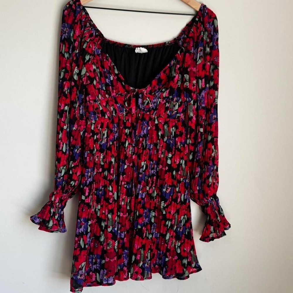 Dee Elly Floral Pleated Mini Dress Boho Long Sleeve Size S